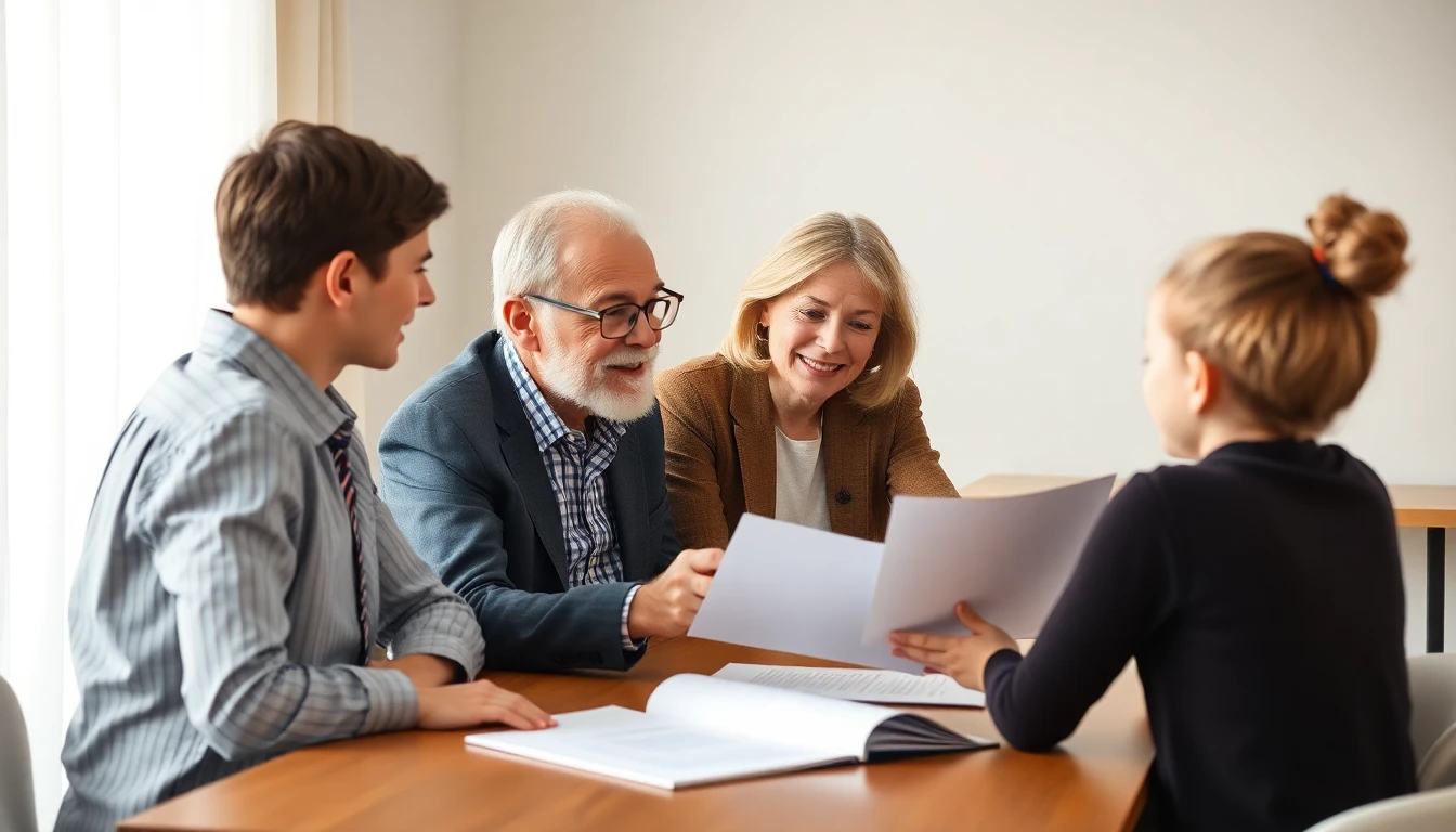 Älteres Ehepaar sitzt mit erwachsenen Kindern am Tisch, besprechen Dokumente, warmes Licht, harmonische Atmosphäre